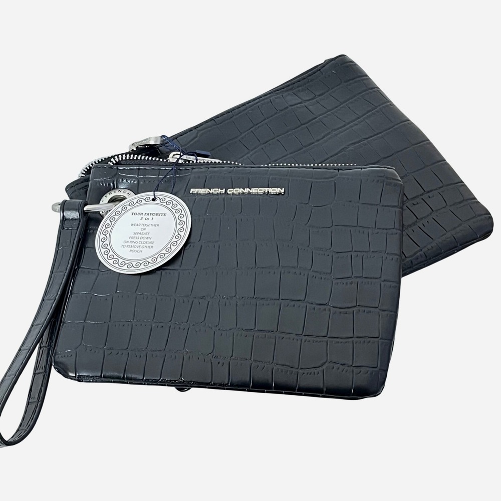 French‎ Connection Dale Crocodile Double Slim Wristlet Pouch Black NEW